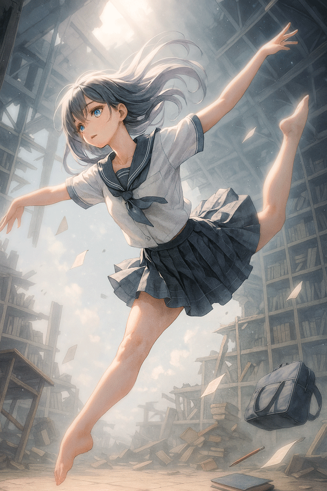 アラベスクのポーズをする美少女のAIイラスト作例｜クラシックバレエ
