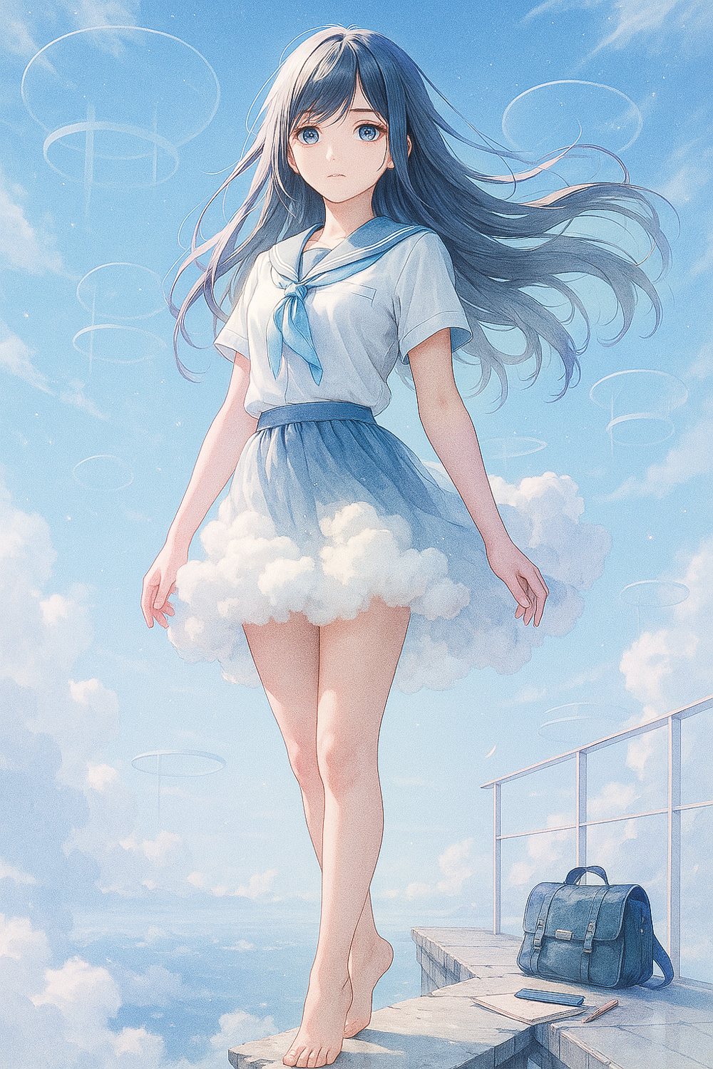 雲のスカートとセーラー服の美少女のAIアート作品
