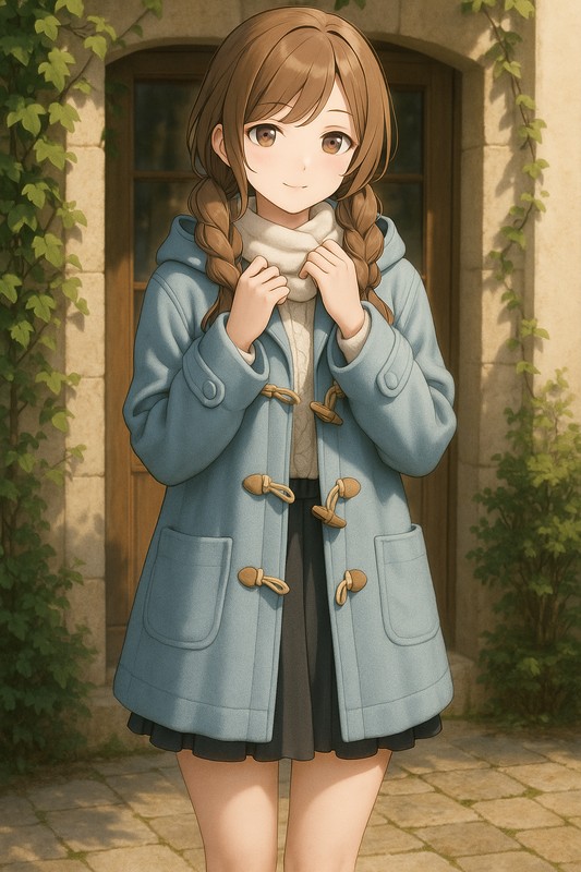パステルカラーのダッフルコートを着る美少女のAIイラスト
