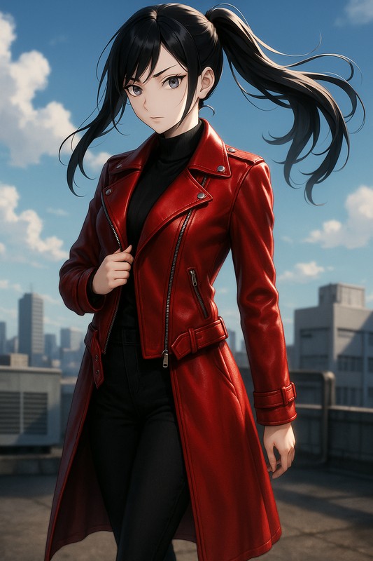 赤いレザーコートを着る美少女AIイラスト