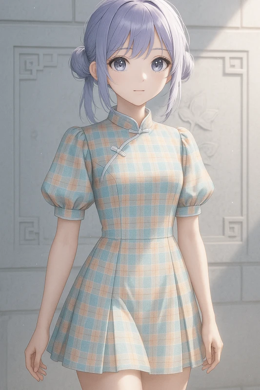 チェック柄×バルーン袖×タック入りスカートのクラシックチャイナ服|AIイラストプロンプト紹介