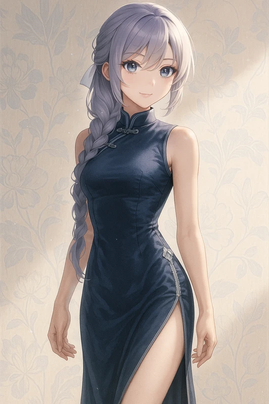 ロング丈×深スリット×ハイネックのクラシックメイドチャイナドレス|AIイラストプロンプト紹介