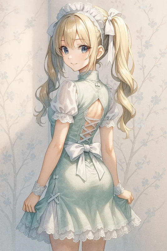 編み上げバック×ツインテール用リボンヘッドドレスの装飾メイドチャイナドレス|AIイラストプロンプト紹介