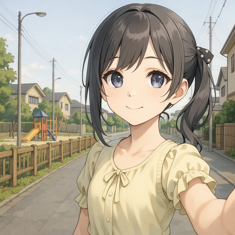 遊具の見える住宅通りのAIイラスト|背景用プロンプト紹介