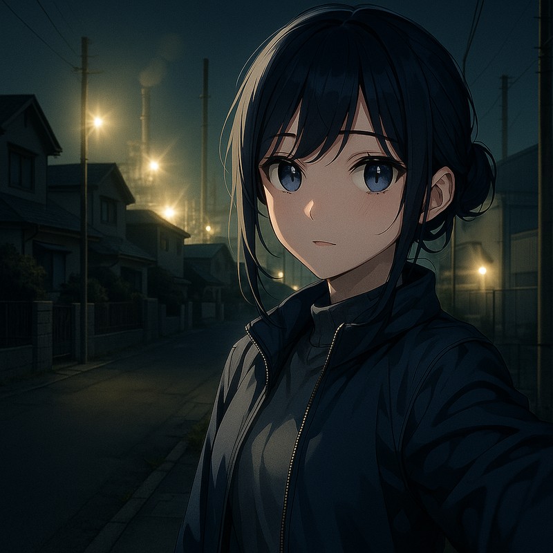 夜の工場灯る住宅街のAIイラスト|背景用プロンプト紹介