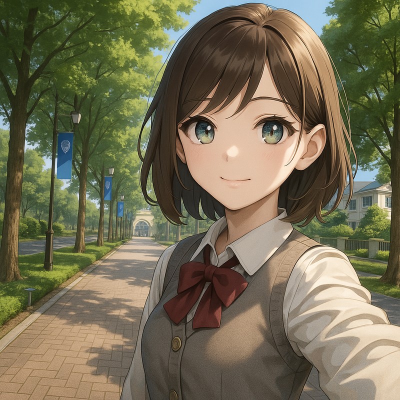 キャンパス入口の並木道のAIイラスト|背景用プロンプト紹介