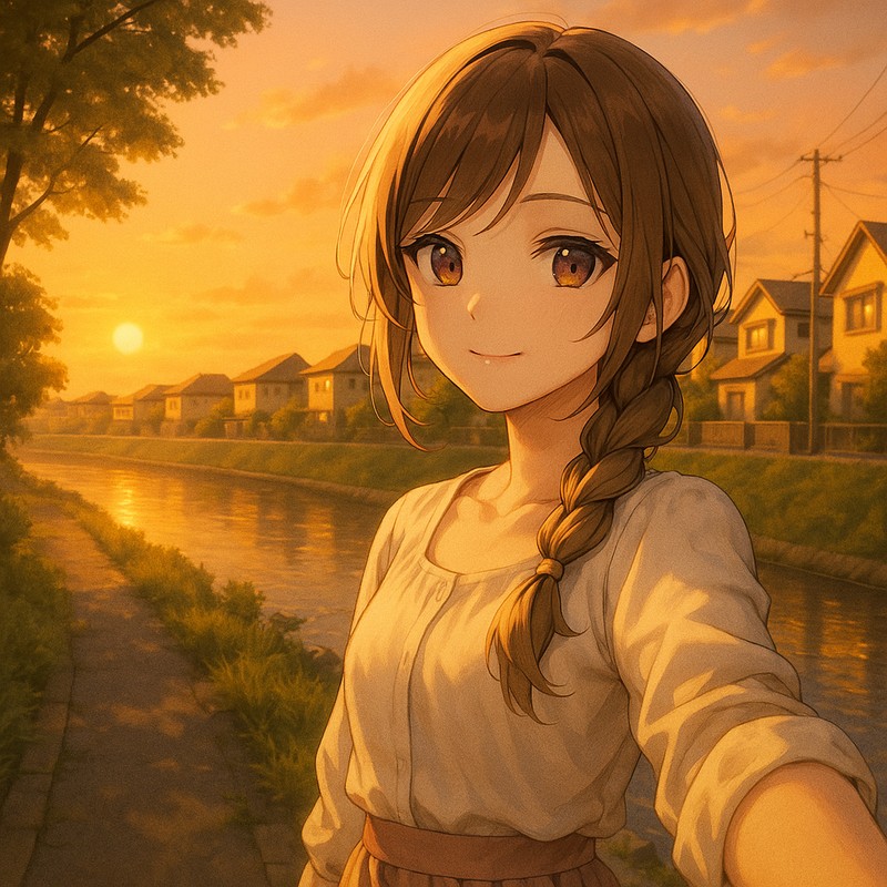 夕日の川岸沿い住宅のAIイラスト|背景用プロンプト紹介