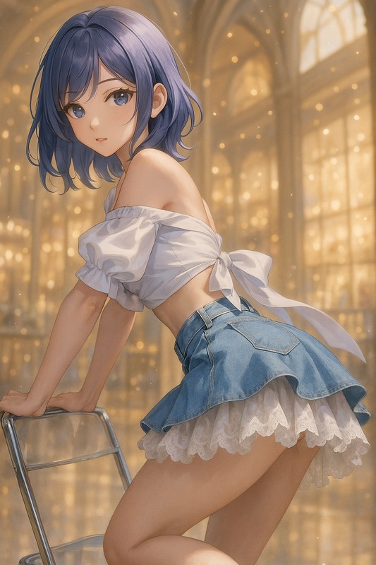 デニムミニスカート×レースペチコートを組み合わせたAIイラスト