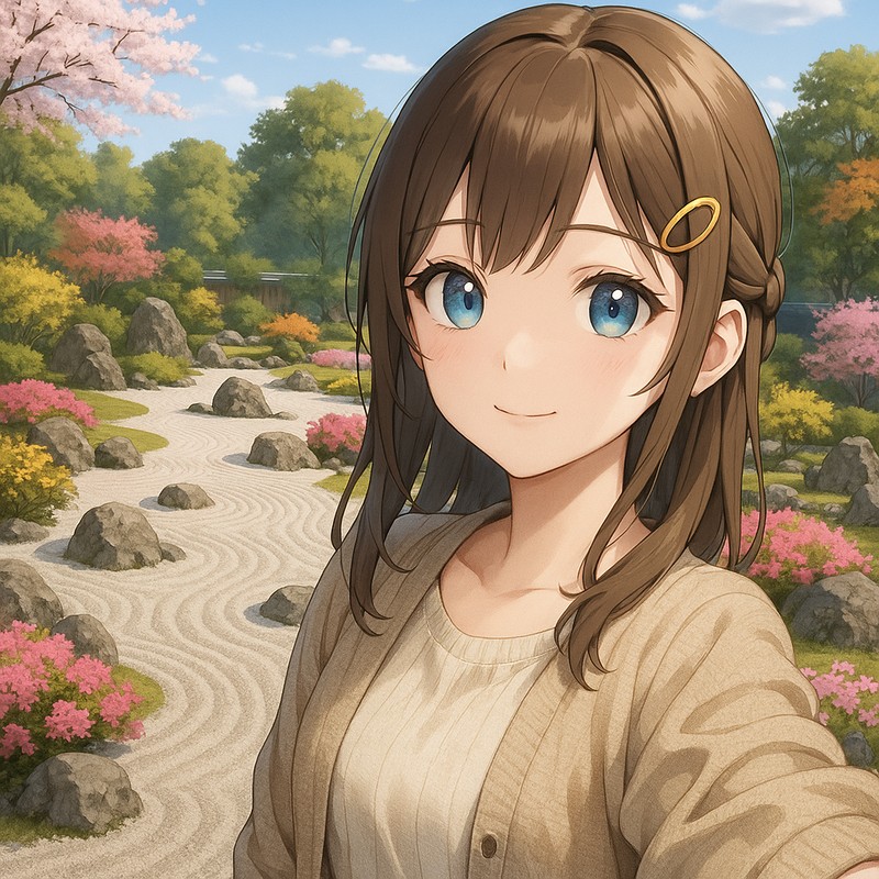 春の石庭のAIイラスト|背景用プロンプト紹介