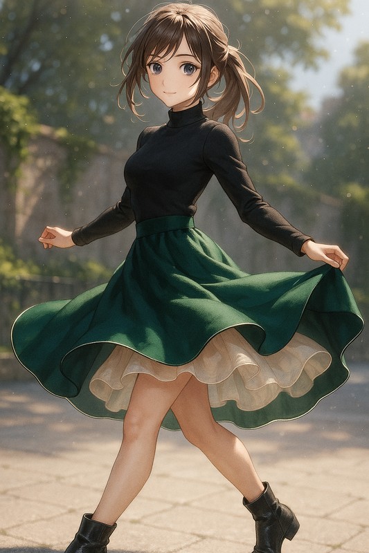 サーキュラースカート×シフォンフレアペチコートを組み合わせたAIイラスト