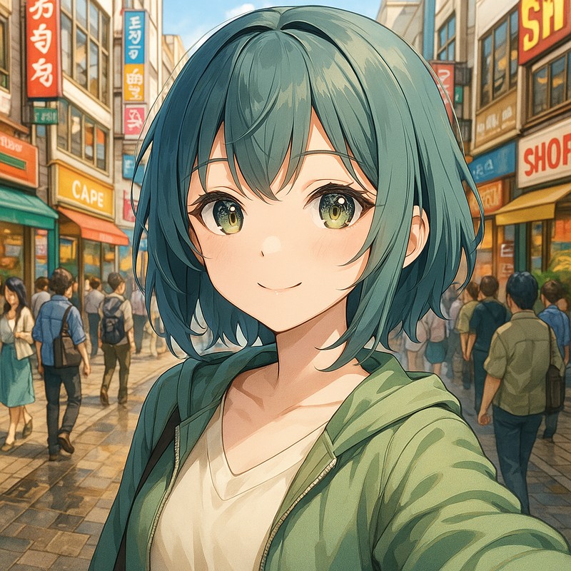 繁華街の歩道のAIイラスト|背景用プロンプト紹介