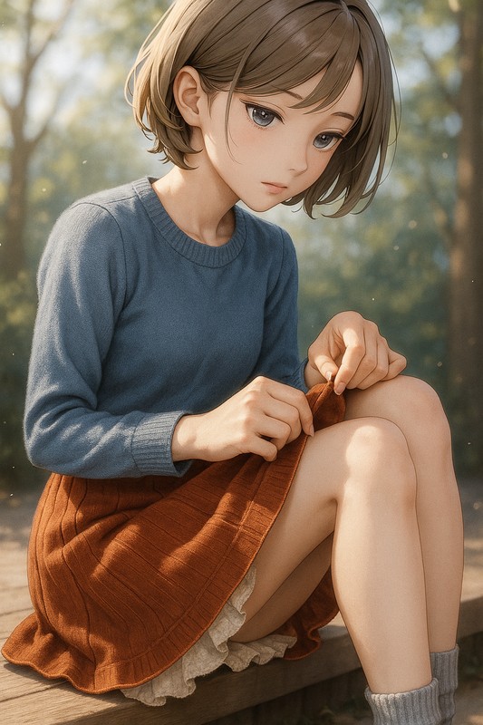 コーデュロイ×ワッフル編みのペチコートを組み合わせたAIイラスト