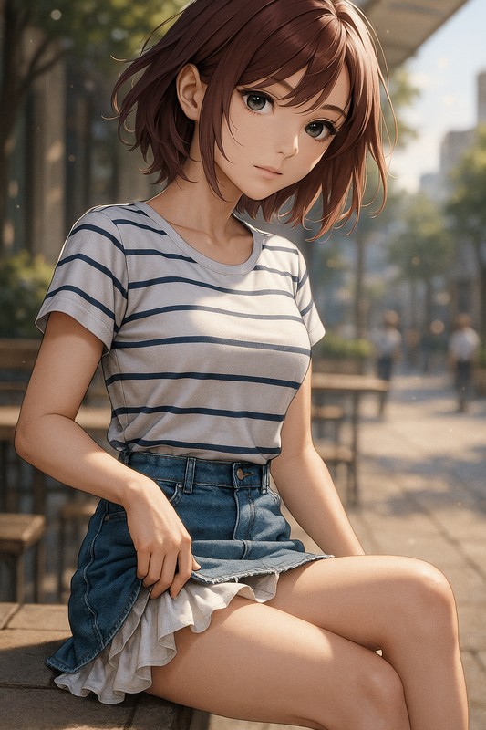 デニムスカート×コットンギャザーペチコートを組み合わせたAIイラスト