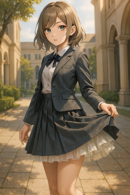 グレーブレザー制服+チュールレイヤードペチコートを組み合わせたAIイラスト