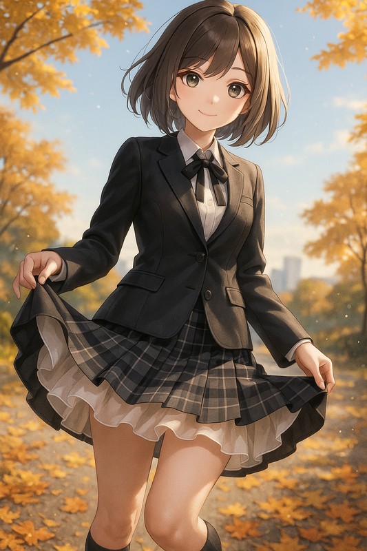 ブラックブレザー+シフォンバイアスペチコートを組み合わせたAIイラスト