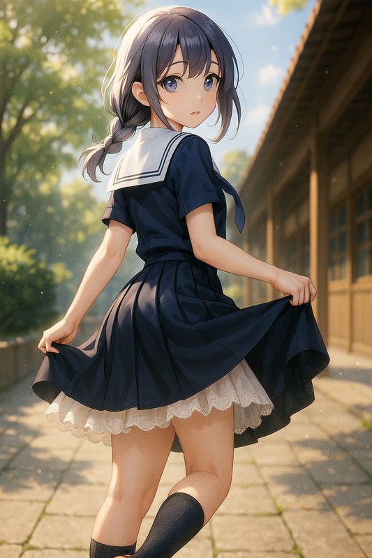 紺セーラー服とレーストリムペチコートを組み合わせたAIイラスト