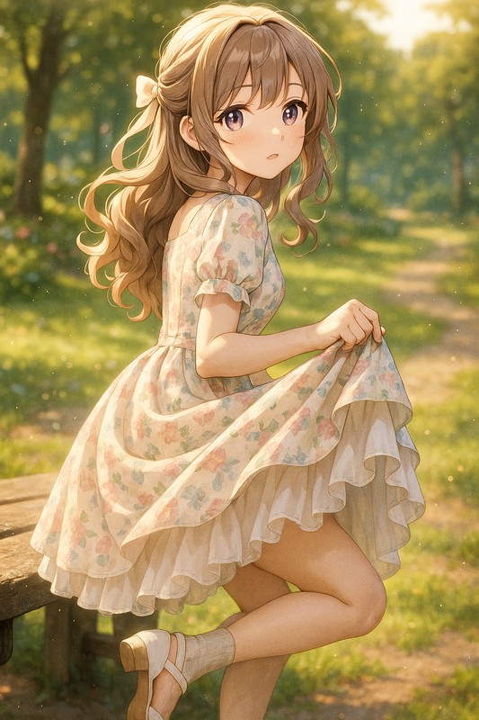 フローラルワンピース×レイヤードチュールペチコートを組み合わせたAIイラスト