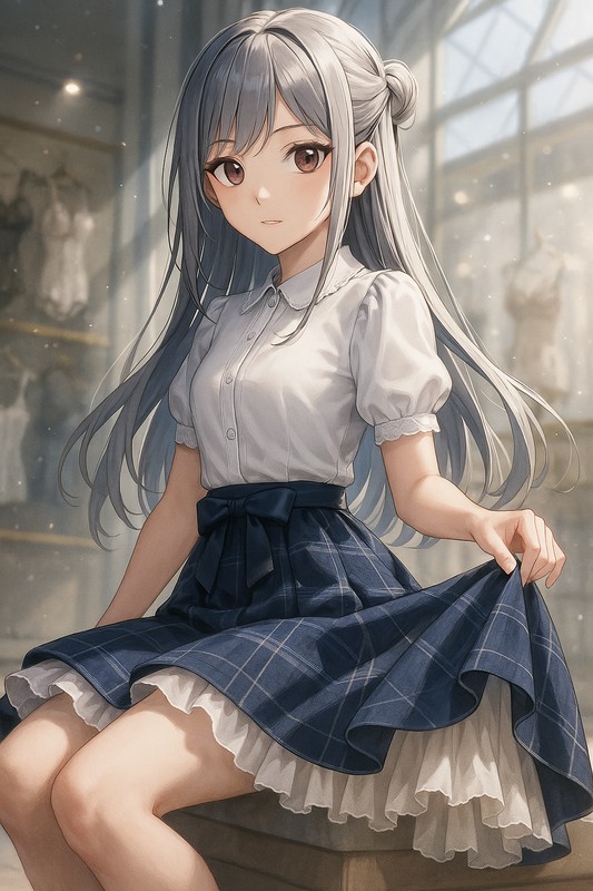 チェック柄×チュールレイヤーペチコートを組み合わせたAIイラスト