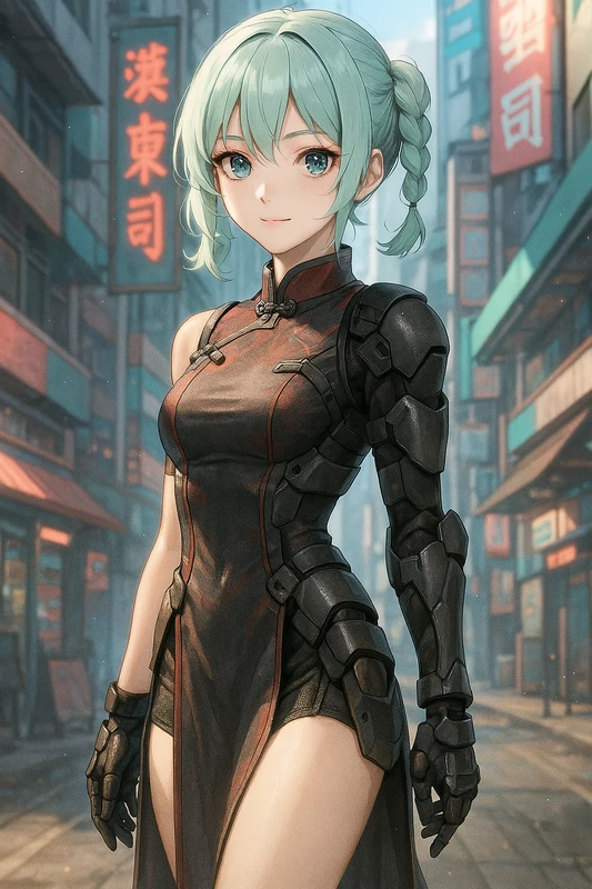 チャイナトップ×スリットスカート×軽アーマーの戦術系チャイナドレス|AIイラストプロンプト紹介