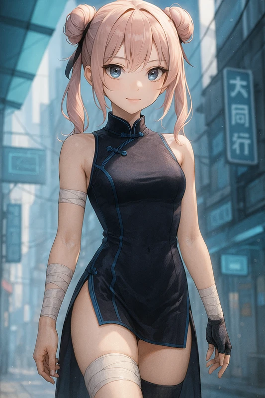 サイドスリット×ニーソ×バンテージの軽装チャイナドレス|AIイラストプロンプト紹介