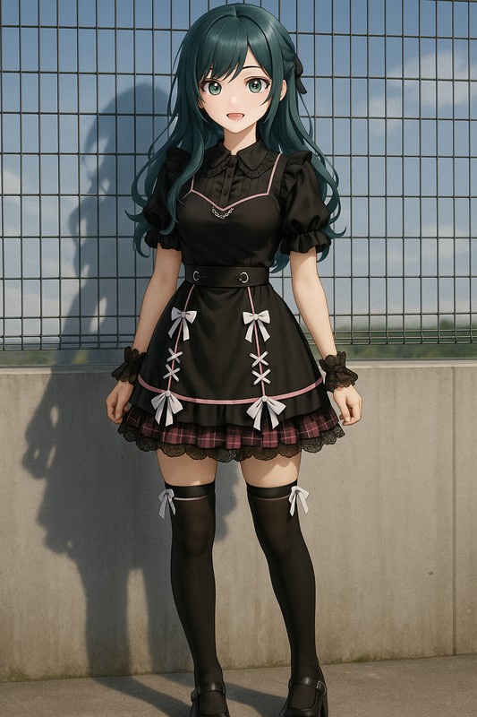 ピンク×黒のレイヤードメイドコーデ|地雷系のAIプロンプト