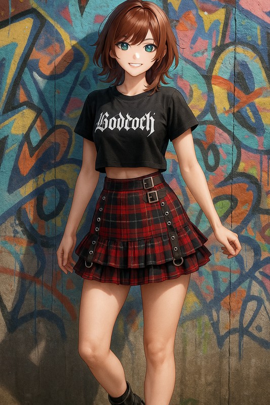 ゴシックTシャツ×タータンフリルスカートの辛口カジュアル|地雷系のAIイラスト