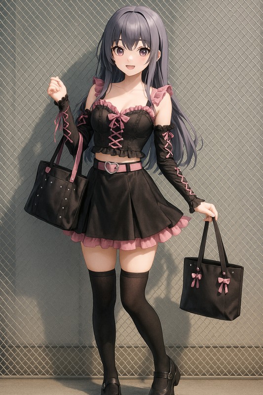 ハートモチーフのピンク×黒フレアコーデ|地雷系のAIプロンプト