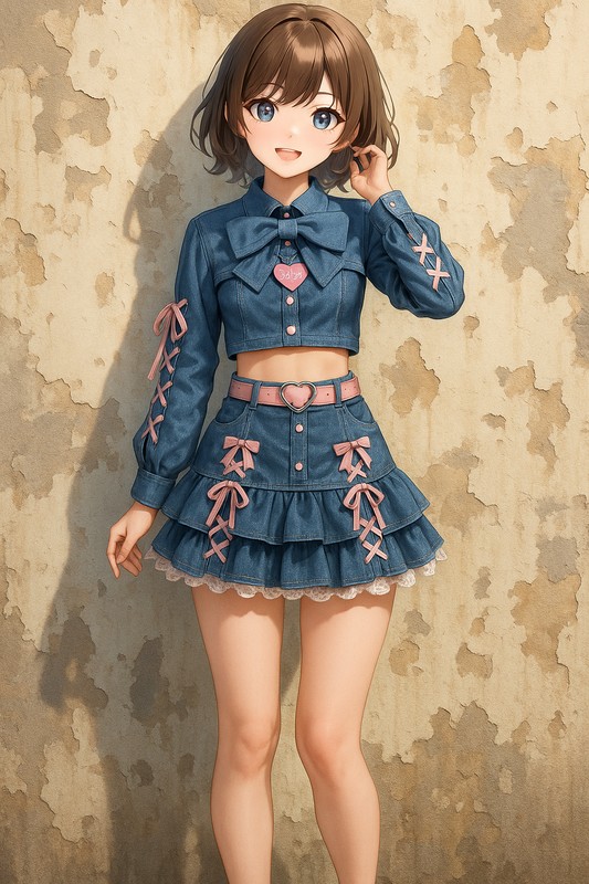 リボン付きデニムセットアップのハートガーリーコーデ|地雷系のAIイラスト