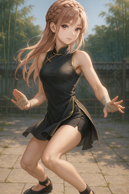 玄機步の構えをする美少女AIイラスト|カンフープロンプト紹介