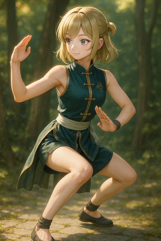 虚步の構えをする美少女AIイラスト|カンフープロンプト紹介