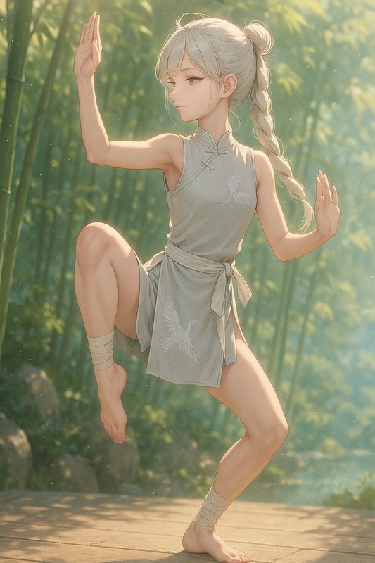 鶴立の構えをする美少女AIイラスト|カンフープロンプト紹介