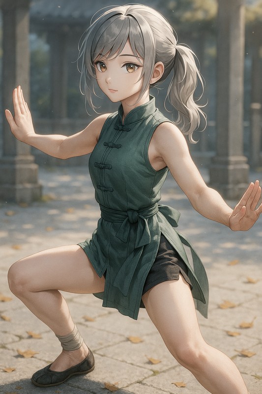 歇步の構えをする美少女AIイラスト|カンフープロンプト紹介