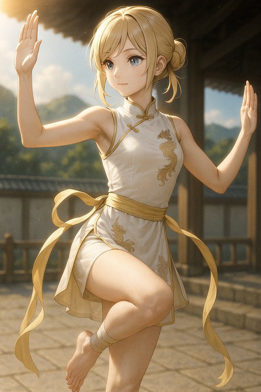 金雞獨立の構えをする美少女AIイラスト|カンフープロンプト紹介