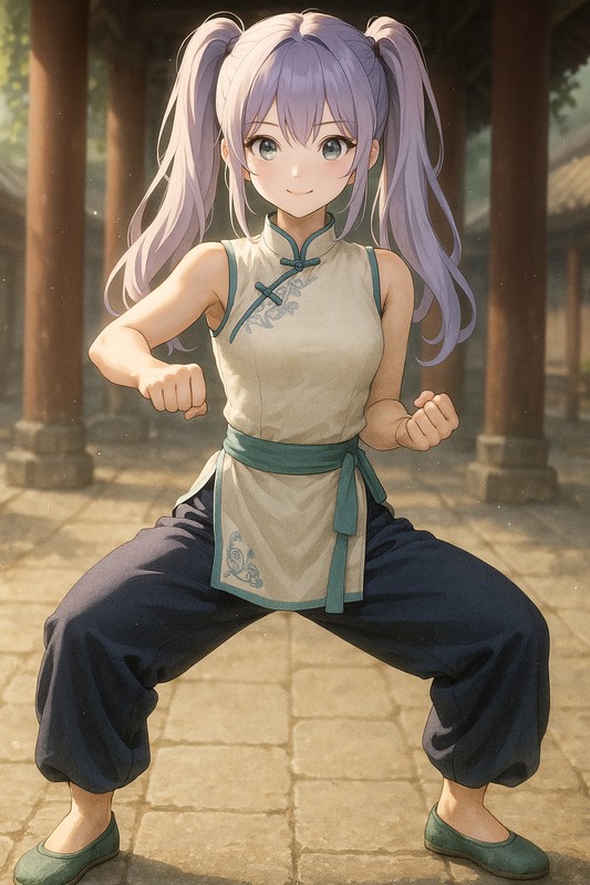 馬步の構えをする美少女AIイラスト|カンフープロンプト紹介