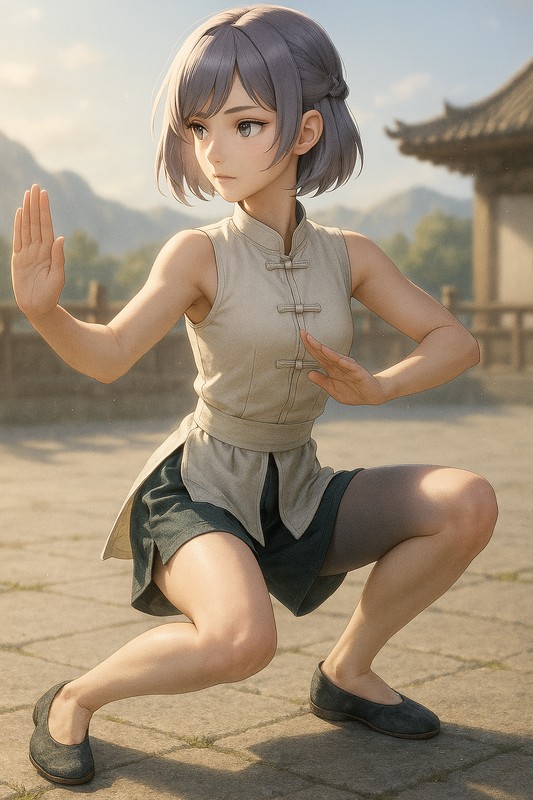 四六步の構えをする美少女AIイラスト|カンフープロンプト紹介