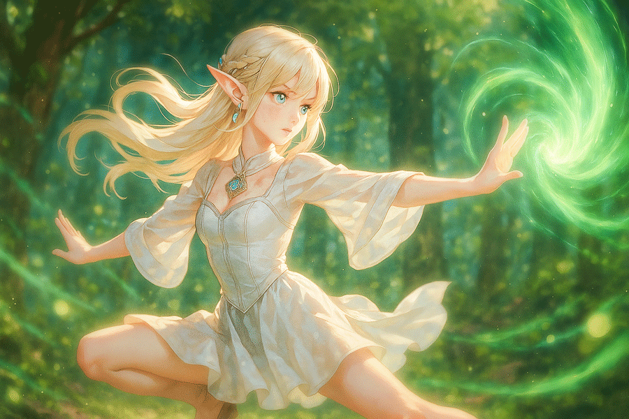 カンフー(仆步)の構えを応用したファンタジー世界の美少女バトルシーン|AIイラスト