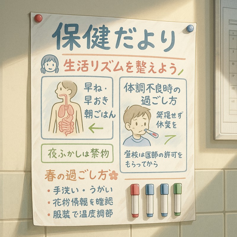 壁に貼られた保健だよりのAIイラスト｜保健室の備品