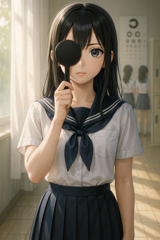 保健室で視力検査をする美少女のAIイラスト｜身体測定