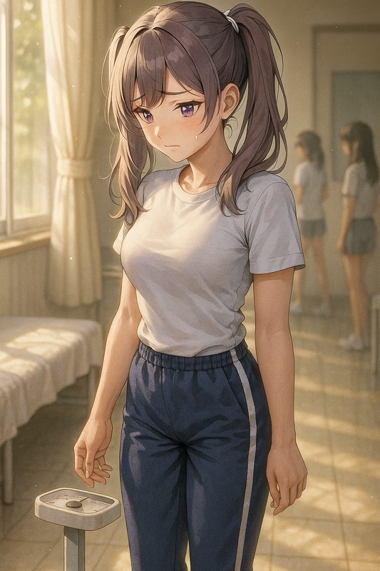 保健室で体重測定をする美少女のAIイラスト｜身体測定