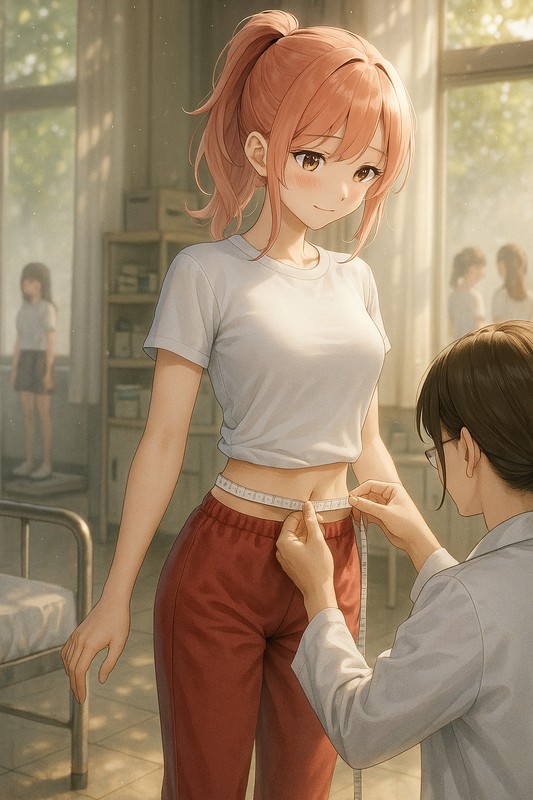 保健室でウエストを測る美少女のAIイラスト｜身体測定
