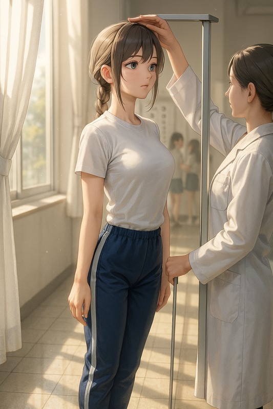 保健室で身長を測る美少女のAIイラスト｜身体測定