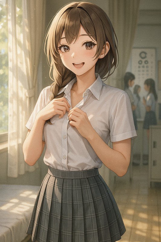 身体測定で着替えようとする美少女のAIイラスト｜保健室