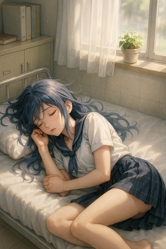 保健室でうたた寝して髪が乱れる美少女のAIイラスト