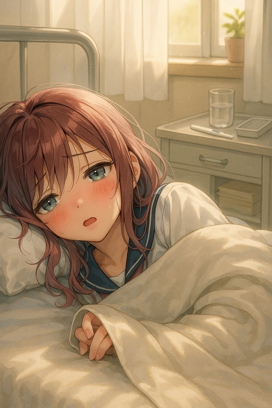 保健室で布団をかぶって寝る美少女のAIイラスト
