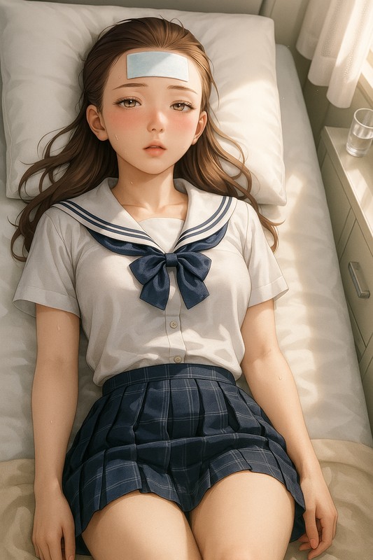 保健室で冷えピタを額に貼って横になる美少女のAIイラスト