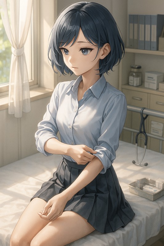 保健室で袖をまくって腕を出す美少女のAIイラスト