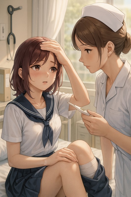 保健室で熱を測られる美少女のAIイラスト