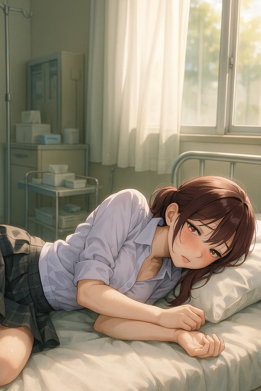 保健室で赤い顔で横になる美少女のAIイラスト