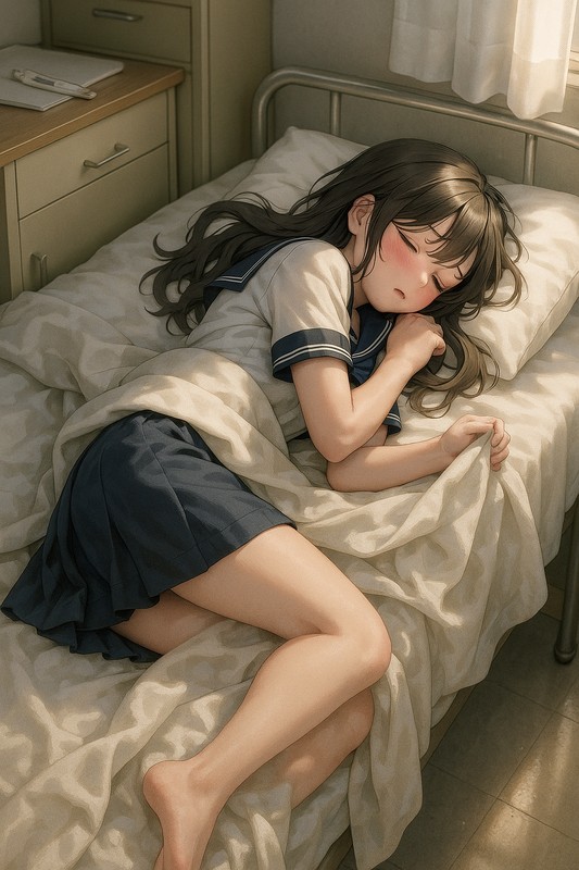 保健室で美少女が寝ている様子の俯瞰構図のAIイラスト