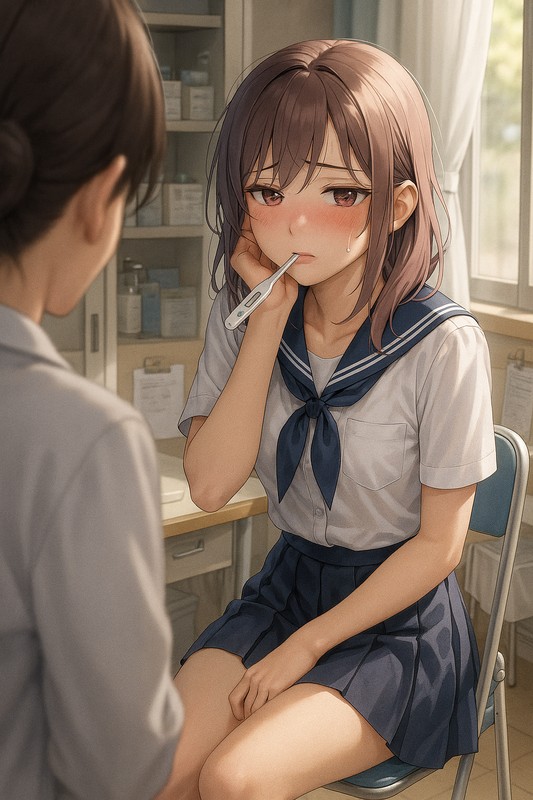 保健室で体温を測る美少女のAIイラスト